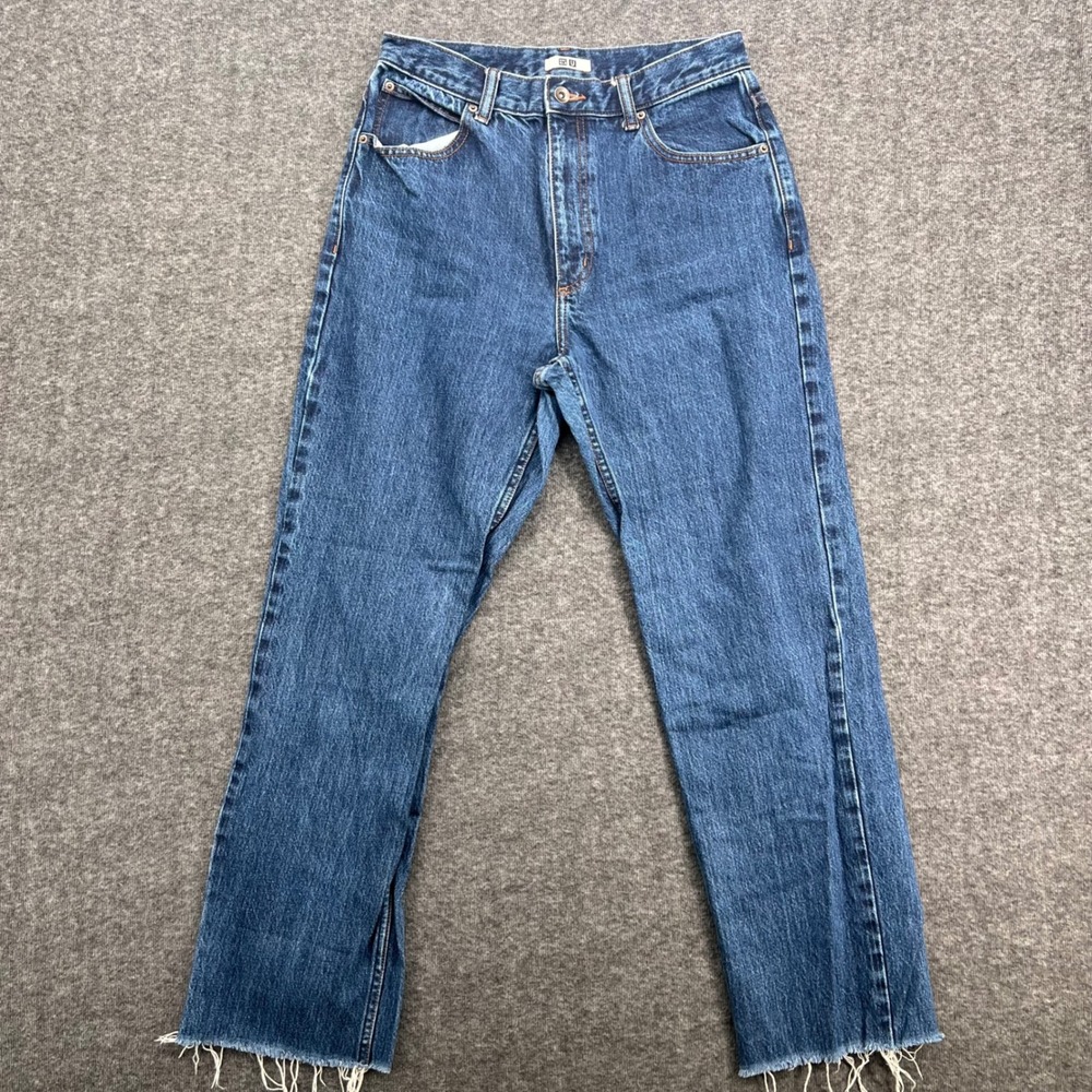 Uniqlo U Womens High Rise Straight Leg Jeans Medium Wash Blue Raw Hem Denim